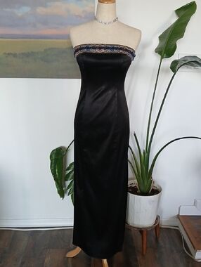 90s Y2K Zum Zum Strapless Black Satin Evening Gown with Embroidered Trim